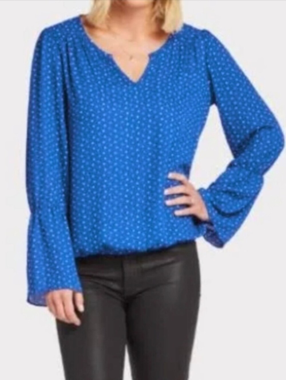 Allison Joy Layne Blue Dot Bell Sleeve Peasant Blouse XS Evereve Boho Workwear